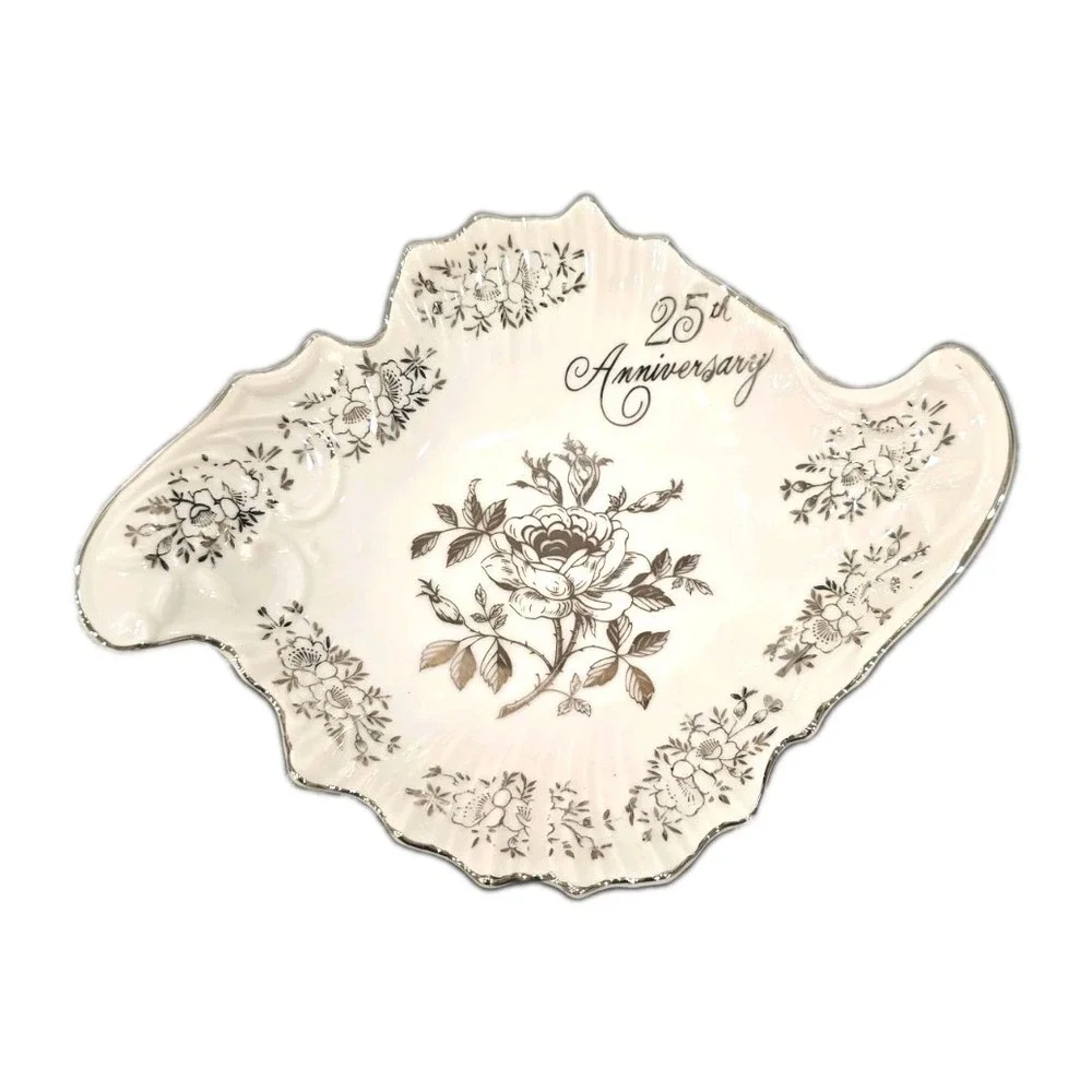 Chantilly Porcelain Leaf Dish Floral White/Silver 25th Wedding Anniversary
